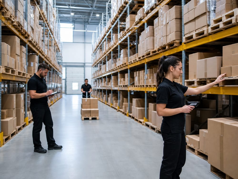 Organised warehouse team managing retail supply inventory
